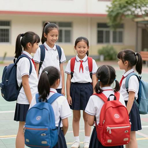 Photograph of six smiling Asian schoolgirls in white uniforms and navy skirts, standing in a schoolyard with backpacks, talking and laughing.