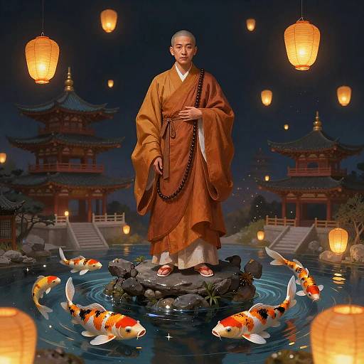 Celestial Koi Monk by Lantern Light