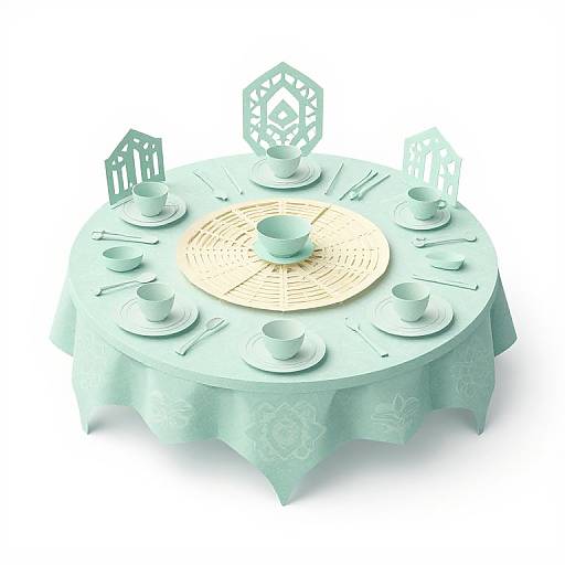 Photorealistic digital image of a circular table with a light green lace tablecloth, beige woven placemat, white teacups, saucers