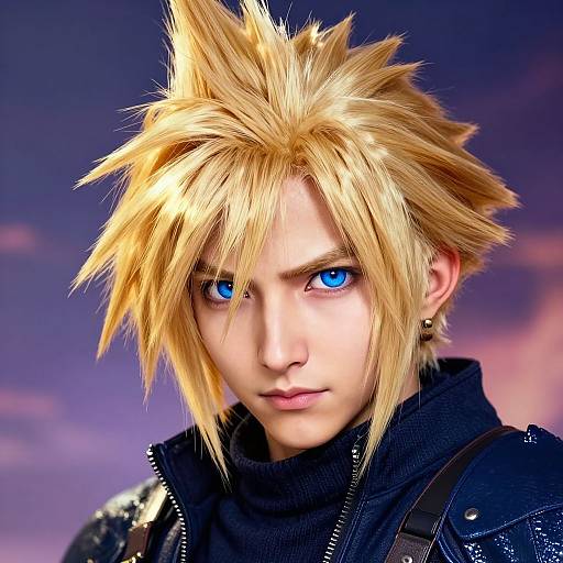 Digital portrait of a young man with spiky blonde hair, blue eyes, wearing a black turtleneck and jacket, against a purple sunset background.