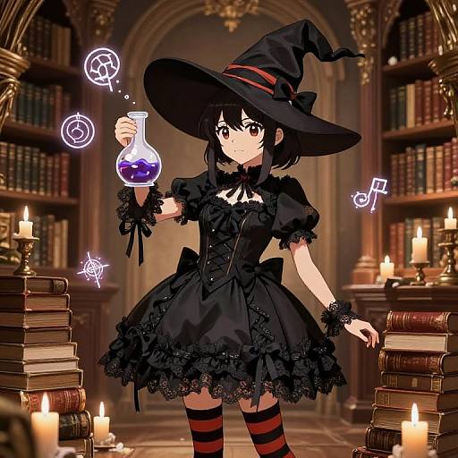 Anime-style drawing of a black-haired girl in a witch dress with striped stockings, holding a glowing potion in a candlelit library.
