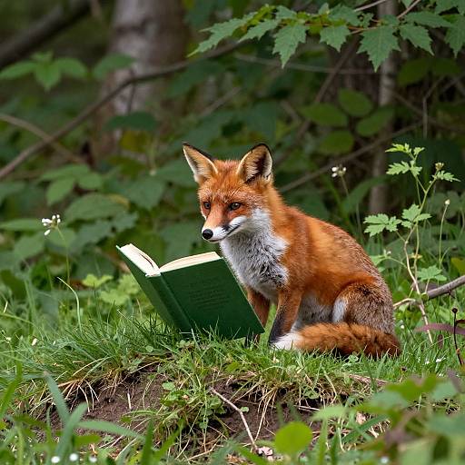 Photograph of a red fox with white underbelly sitting on green grass, reading an open green book in a lush forest.