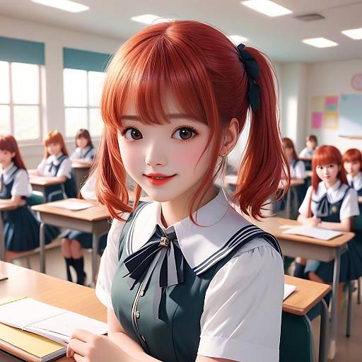 Photograph-style CGI of a cute, young Asian girl with red pigtails in a black and white school uniform, sitting in a sunlit classroom