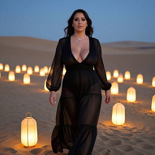 Photograph of a curvy, dark-haired woman in a sheer black dress, walking through a desert at dusk, surrounded by glowing lanterns.