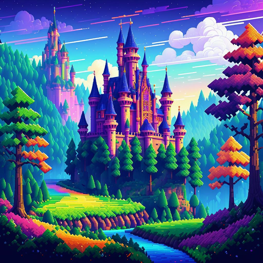 Vibrant Pixel Art Castle in Forest