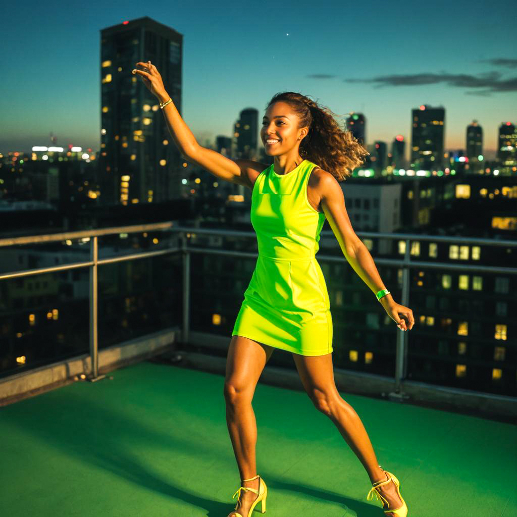 Neon Green Dress at Rooftop Party