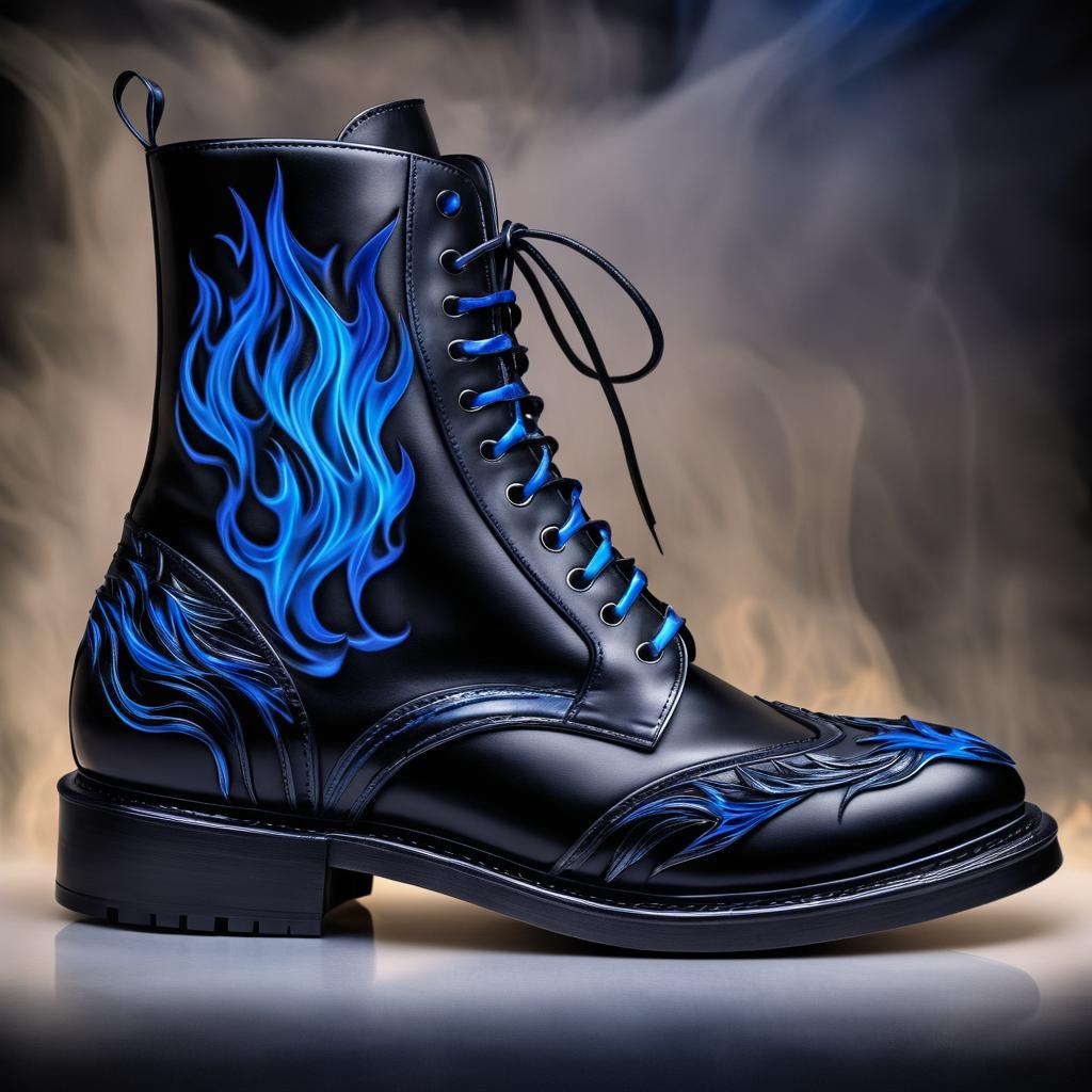 Striking Military Boot with Blue Flames