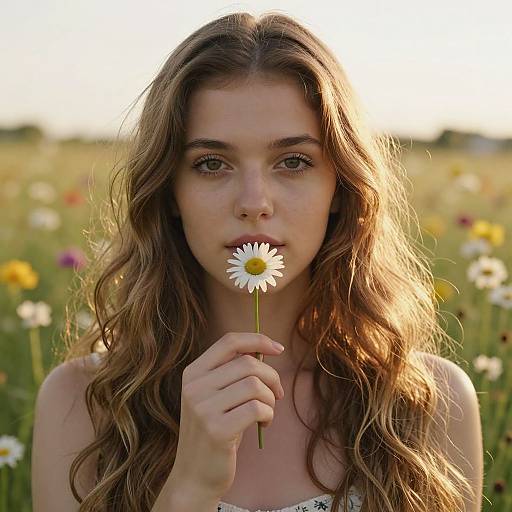 Photograph of a young woman with long, wavy brown hair holding a white daisy in a sunlit field of colorful wildflowers.