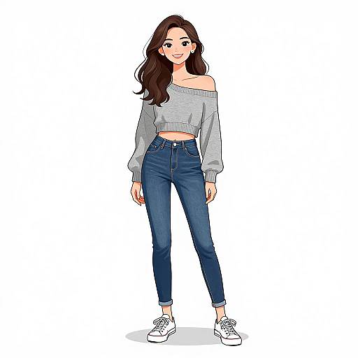 Digital illustration of a smiling young woman with long brown hair, wearing a gray off-shoulder sweater, blue high-waisted jeans, and white