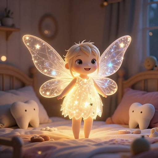 Photograph of a glowing fairy doll with translucent wings, standing on a bed surrounded by soft toys and fairy lights.