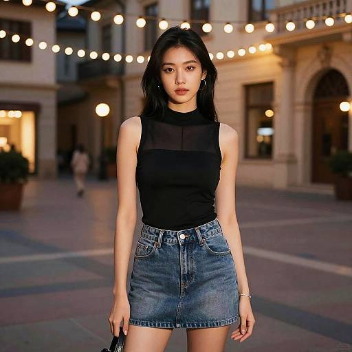 Photograph of an Asian woman with long black hair, wearing a black sleeveless top and blue denim skirt, standing in a nighttime urban courtyard with string