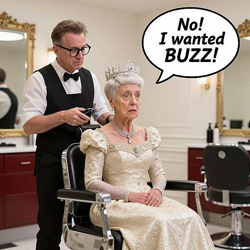 Photograph of an elderly woman with white hair and a tiara, wearing a pearl-embellished cream dress, seated in a salon chair,