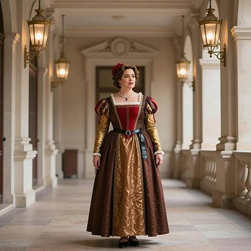 Woman in Renaissance-style Dress in Classical Hallway