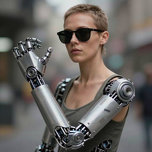 Photorealistic CGI of a short-haired woman with cybernetic arms, wearing dark sunglasses and a gray tank top, standing in a blurred urban background