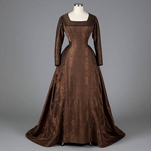 Photograph of a Victorian-era, long-sleeved, dark brown, ornately patterned gown displayed on a white dress form against a gray background