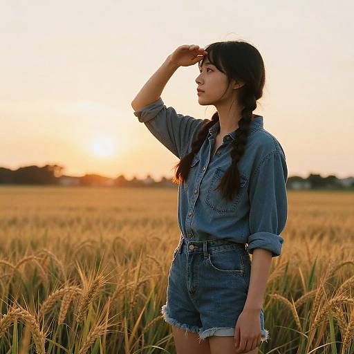 Woman in Denim in Golden Field at Sunset