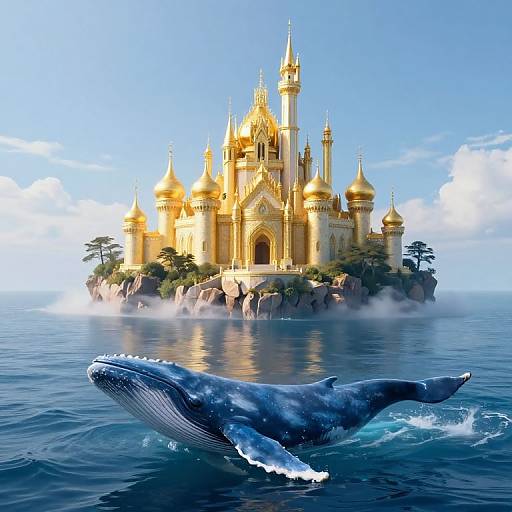 Photorealistic digital artwork of a golden, fairy-tale castle on a rocky island with mist, surrounded by ocean, foreground featuring a large, blue