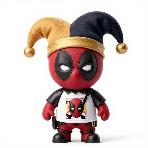 Chibi-style plush doll of Deadpool, red-skinned with black mask, wearing gold and black jester hat, white shirt with Deadpool logo, black