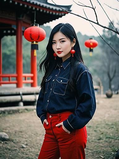 Asian Woman in Red Pants with Lanterns Outdoors