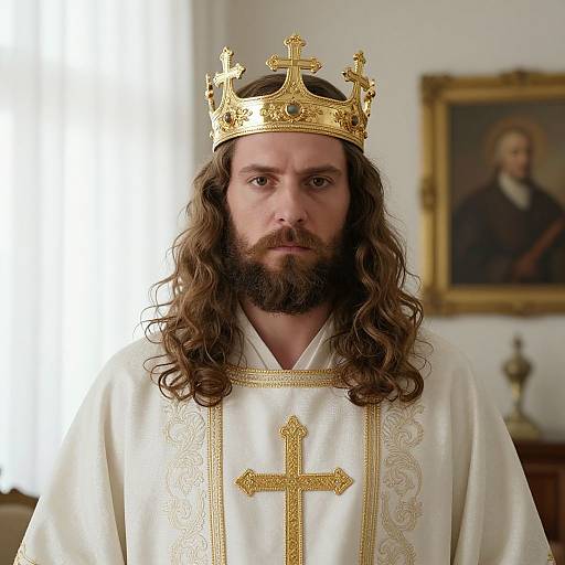 Photograph of a bearded man with long brown hair wearing a gold crown and white, ornate ecclesiastical robe with a gold cross,