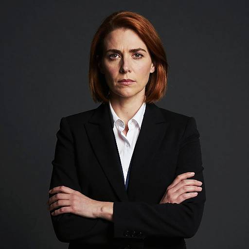 Photograph of a serious, fair-skinned woman with short auburn hair, wearing a black suit and white shirt, arms crossed, against a