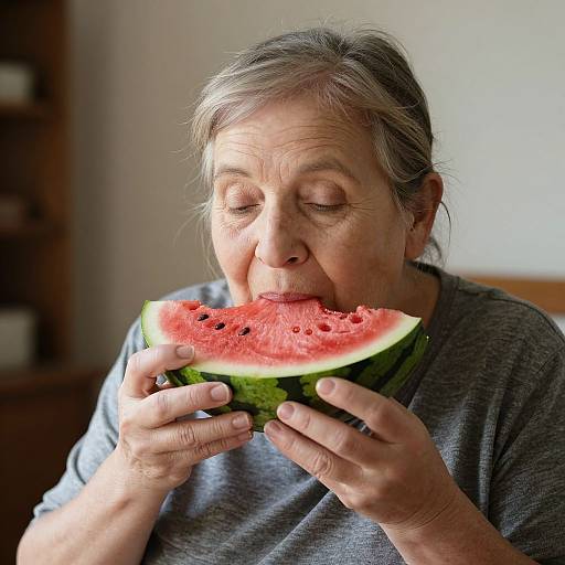 Elderly Woman Enjoying Watermelon