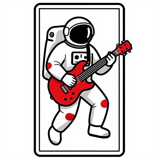 Stylized digital drawing of a space-suited astronaut playing a red electric guitar, outlined in black, with bold red accents.