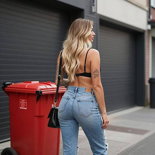 Urban Woman in Alley with Trash Bin
