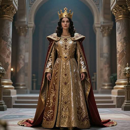 Photograph of a regal woman with long black hair, wearing an ornate gold and red regal gown, crown, standing in a grand,