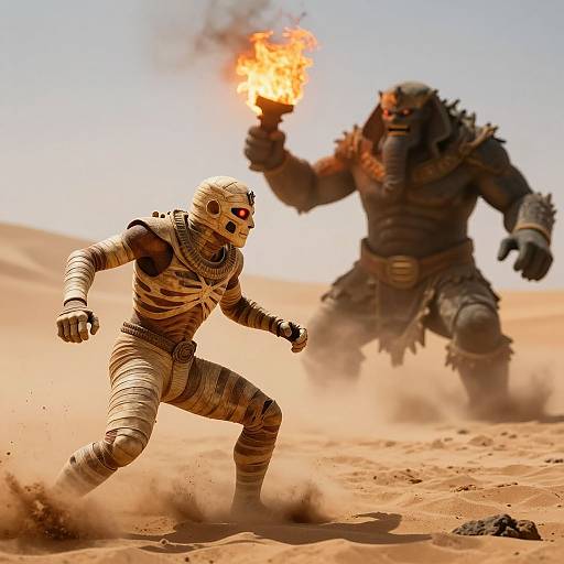 Photograph of a dynamic desert battle: a mummified warrior with red eyes runs from a fire-wielding, armored monster in the background.