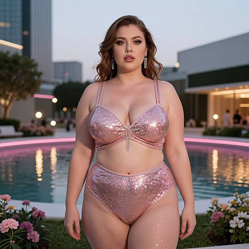 Confident Plus-Size Woman in Sparkly Evening Wear