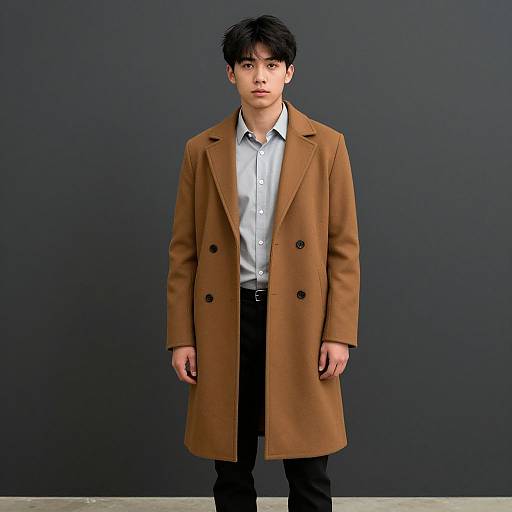 Photograph of a young Asian man with short black hair, wearing a light brown double-breasted coat, white shirt, black pants, against a dark