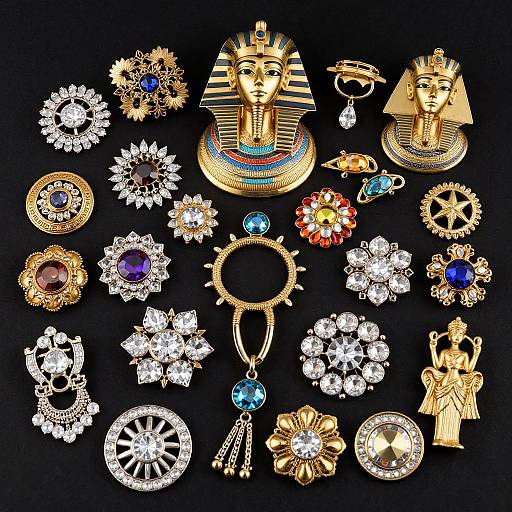 Photograph of an eclectic collection of gold and silver jewelry, including Egyptian-style headpieces, flower-shaped pendants, and gemstone-studded pieces,