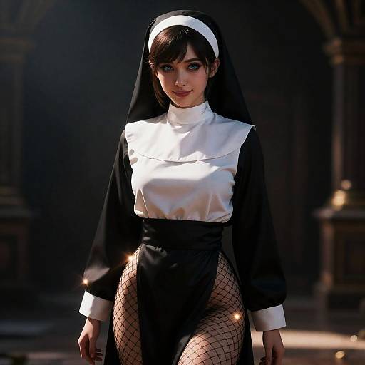 Seductive Nun in Fishnet Stockings