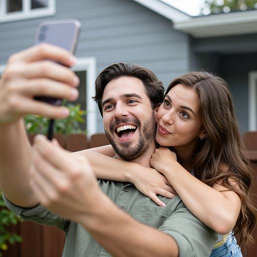 Photograph of a smiling bearded man in a green shirt, taking a selfie with a woman hugging him from behind, in front of a gray