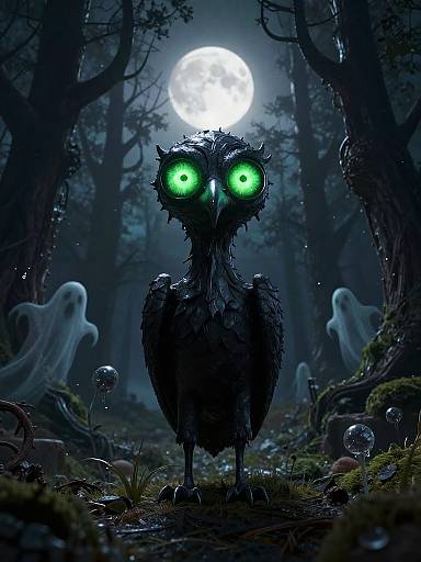 Digital artwork of a dark, feathered owl with glowing green eyes standing in a misty forest at night, with a full moon, ghostly figures