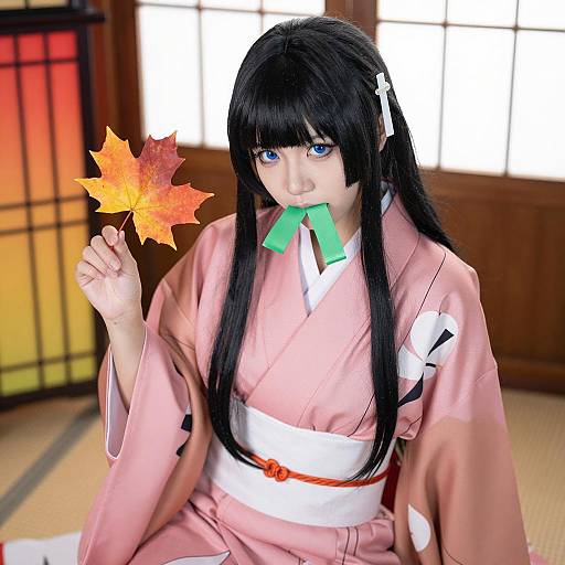 Cosplayer in Pink Kimono Holding Autumn Leaf