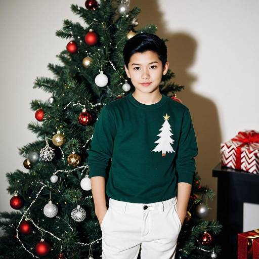 Boy in Festive Christmas Outfit by Tree