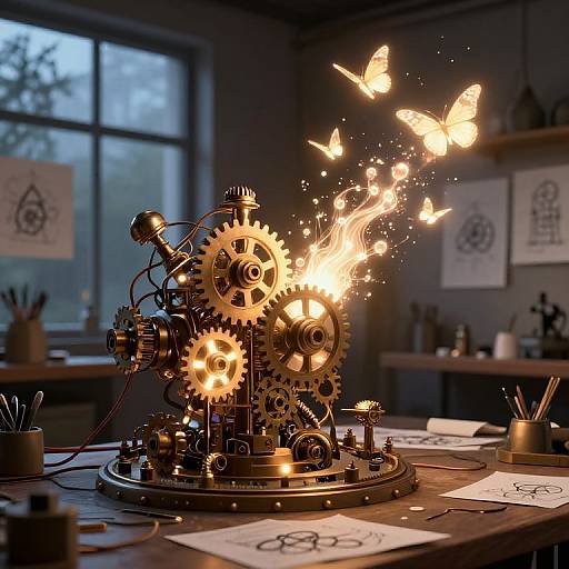 Photograph of a steampunk clockwork mechanism with glowing gears and sparkling butterflies on a wooden table in a dim, artistic workshop.