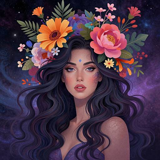 Digital art of a beautiful woman with long, wavy black hair, wearing a vibrant flower crown, against a cosmic purple background.