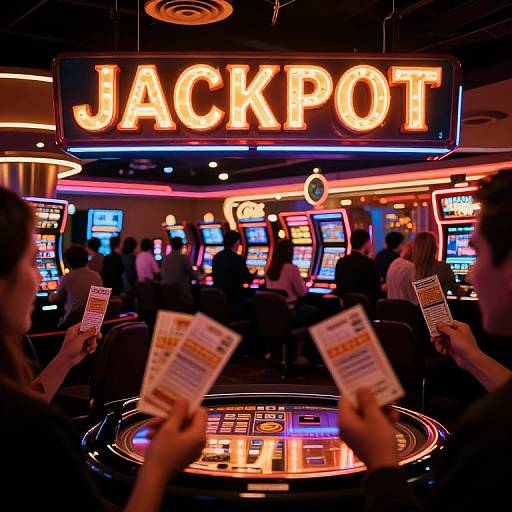 Photograph of a vibrant, neon-lit casino with 
