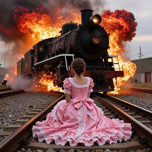 Victorian Woman on Fiery Train Tracks
