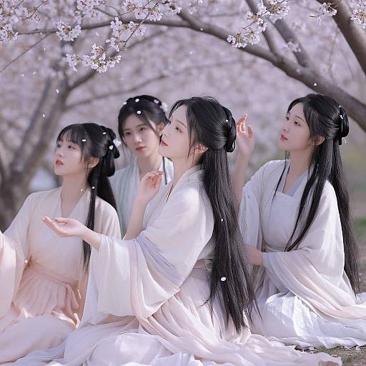 Photograph of four Asian women with long black hair, wearing white kimonos, sitting under cherry blossom trees, surrounded by falling petals.
