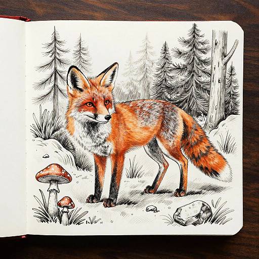 Ink drawing of a red fox standing in a snowy forest, with two brown mushrooms and pine trees in the background.