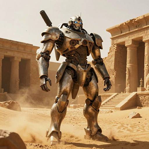 Ancient Mech Guardian in Desert Ruins