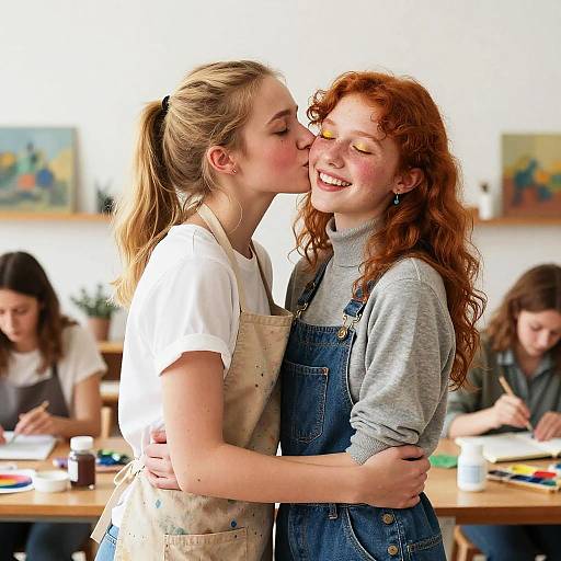 Photograph of two smiling women, one blonde with a ponytail kissing a red-haired woman with curly hair, both in denim overalls, embraced in