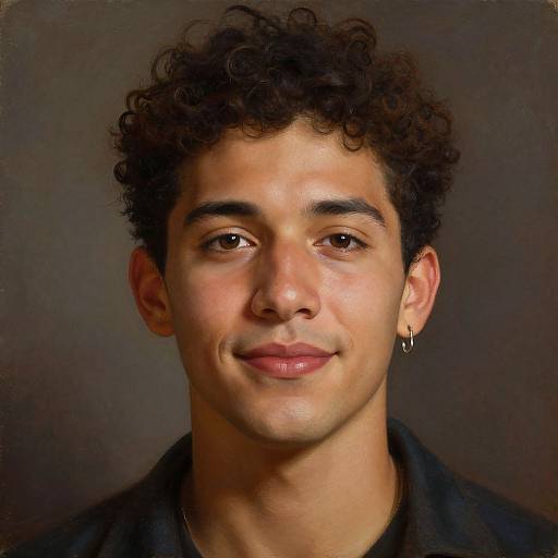 Photograph of a young man with curly brown hair, light brown skin, brown eyes, slight smile, small hoop earring, wearing a black shirt