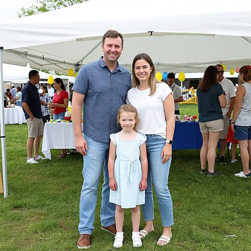 Photograph of a bearded man in a blue shirt, a woman in a white top, and a young girl in a white dress, standing together