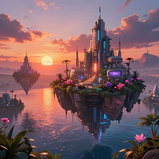 Cyberpunk Surreal Floating Islands