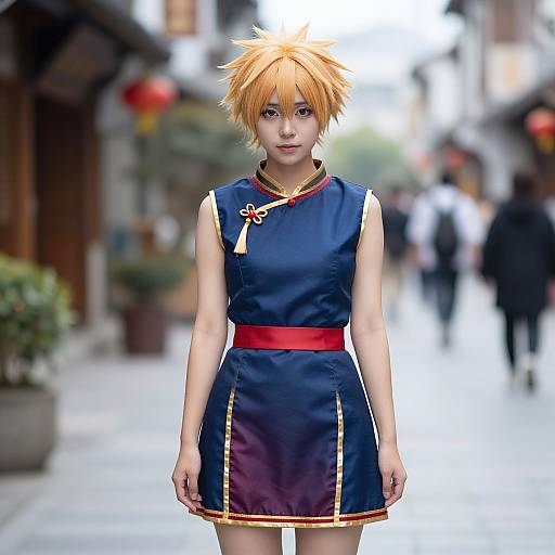 Digital artwork of a young woman with spiky orange hair, wearing a blue Chinese-style dress with gold trim and red belt, standing on a blurred urban